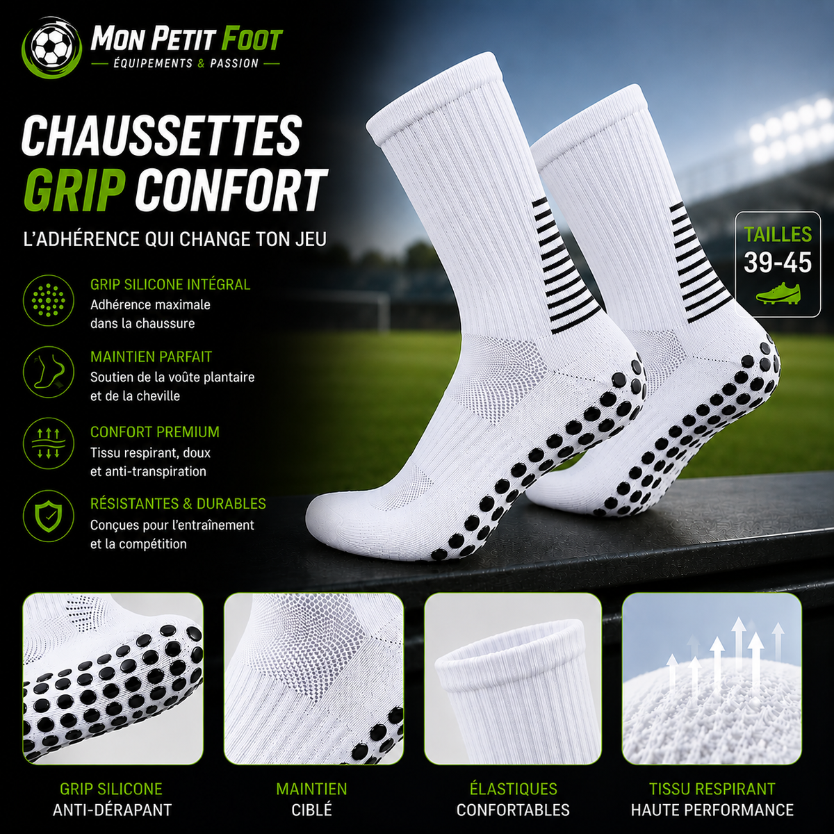 Chaussettes de foot antidérapantes Mon Petit Foot, coloris blanc et noir