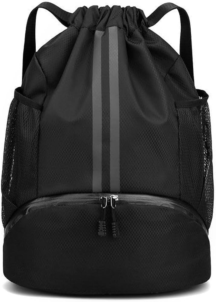 Sac de sport foot à cordon bleu marine ouvert, ballon de football rangé dans le compartiment principal