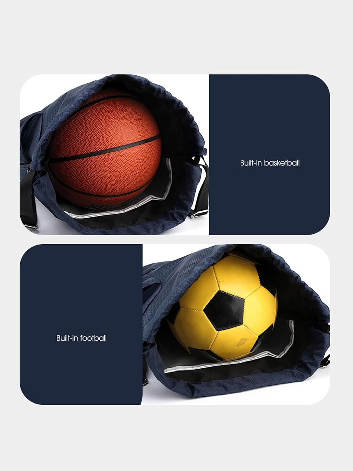 Sac de sport foot à cordon noir vu de face, bandes réfléchissantes, poche zippée basse et poches filet latérales