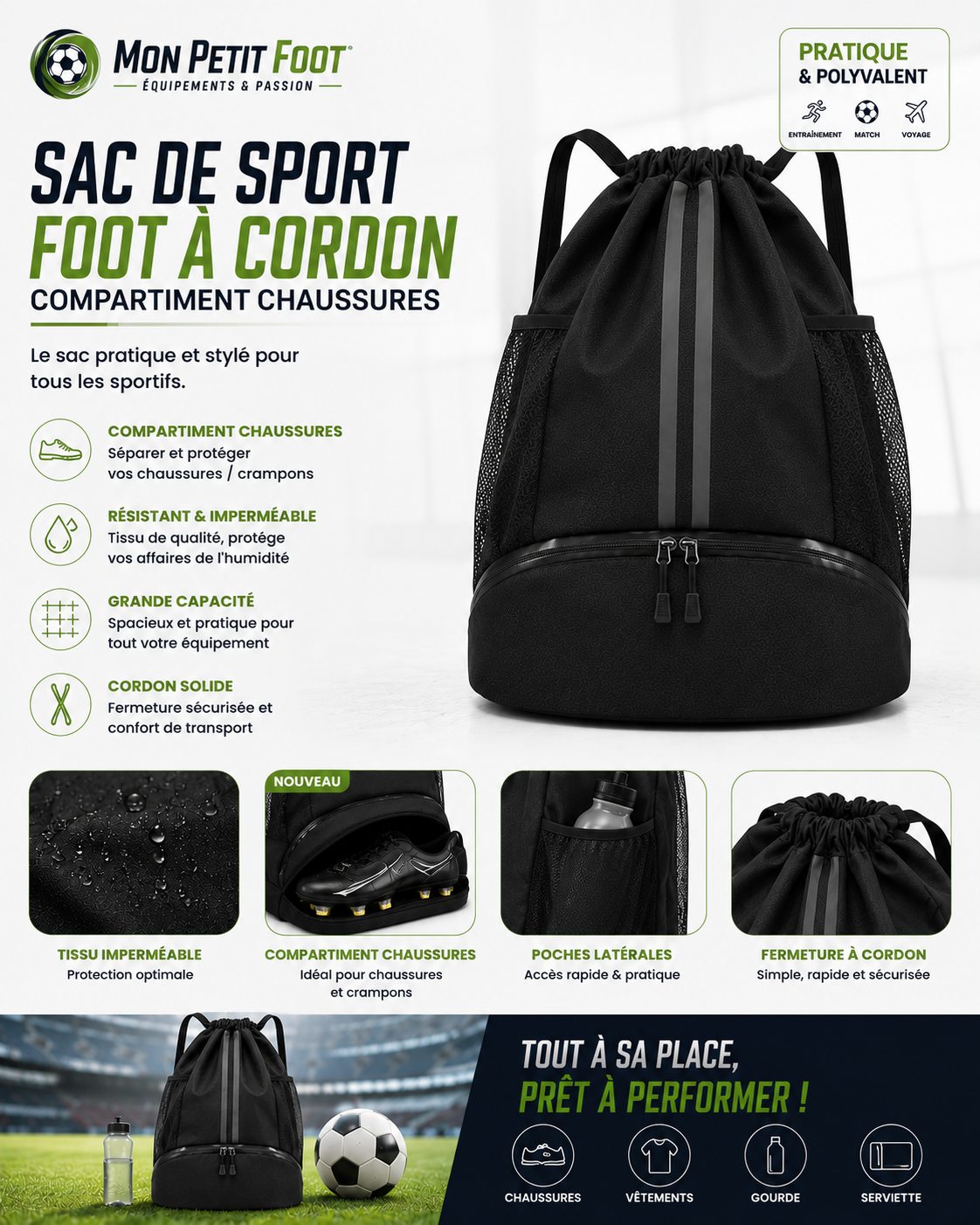 Sac de sport foot à cordon avec compartiment chaussures isolé