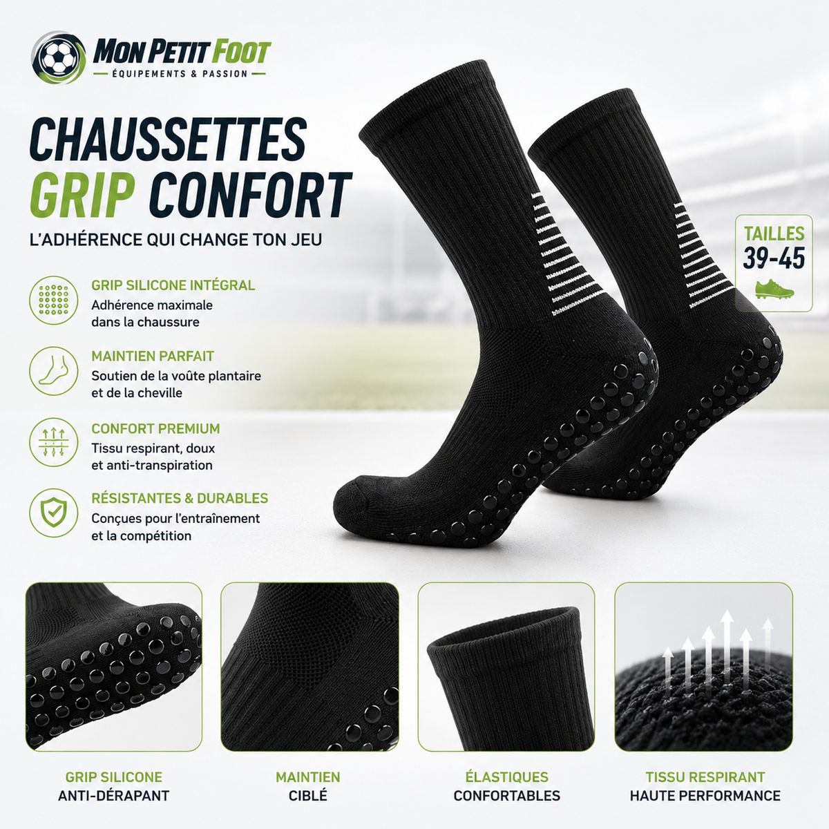 Détail du grip silicone des chaussettes de foot antidérapantes