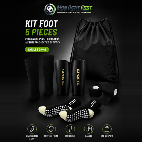 Kit foot 5 pièces coloris noir : sac à cordon, chaussettes à grip, protège-tibias, manchons et bandes adhésives